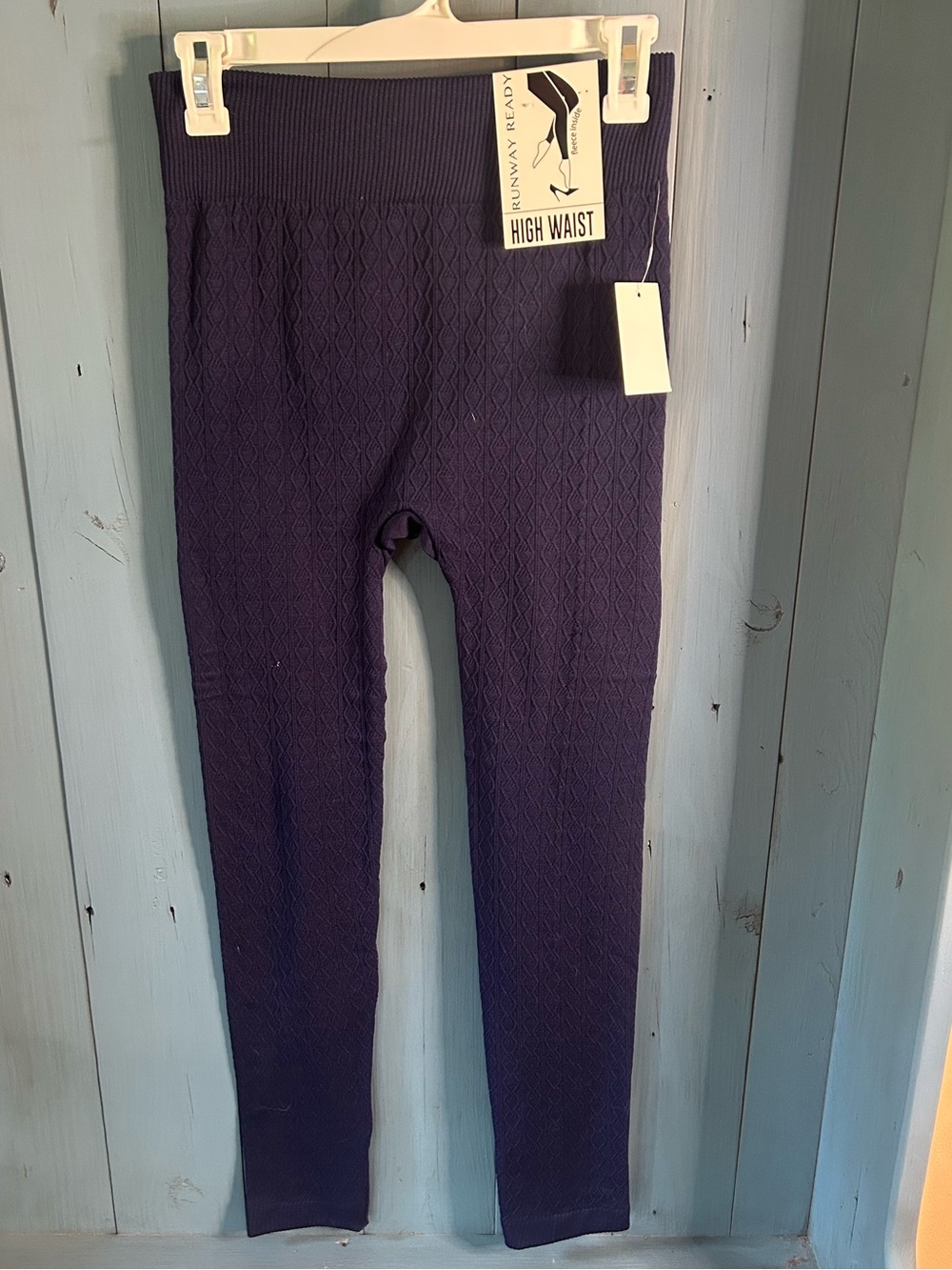 Runway Ready High Waist Fleece Lined Sweater Leggings - Navy Blue | Size L/XL